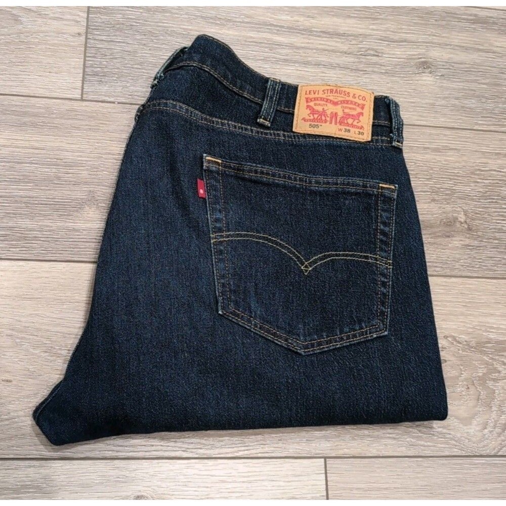 LEVI'S 505 MEN'S 38 X 30 BLUE JEANS LOOSE STRAIGHT STRETCH DARK WASH EUC